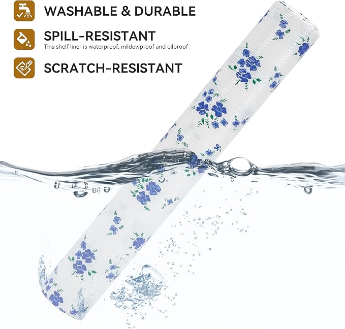 RAY STAR Shelf Liner, 12 Inch x 20 Feet Non Adhesive Blue Floral Kitchen Cabinet Liner for Pantry Drawer Vanity, Strong Grip Non Slip Waterproof, Shelf Liners for Kitchen Cabinets Cupboard