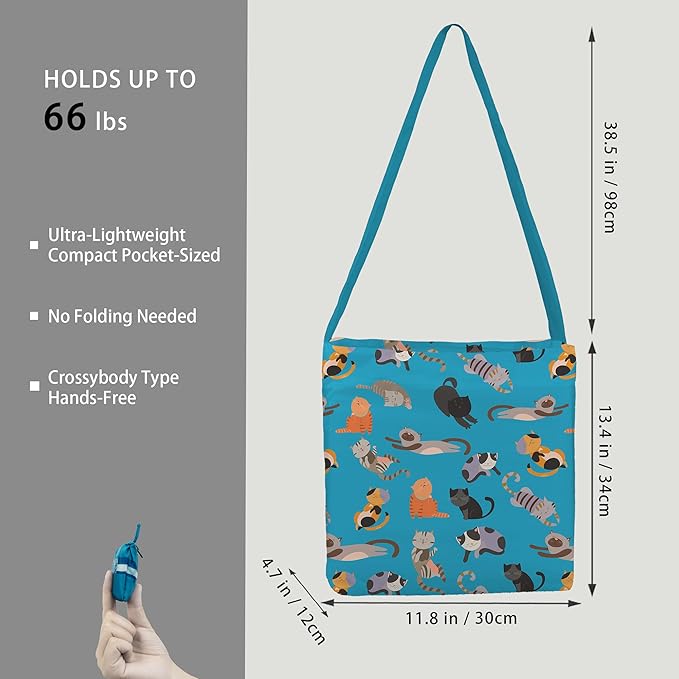 BeeGreen Cats Ultimate Reusable Grocery Shopping Bag - Foldable Compact Portable Lightweight Duffle Bags Crossbody Tote Bag Pets Lovers