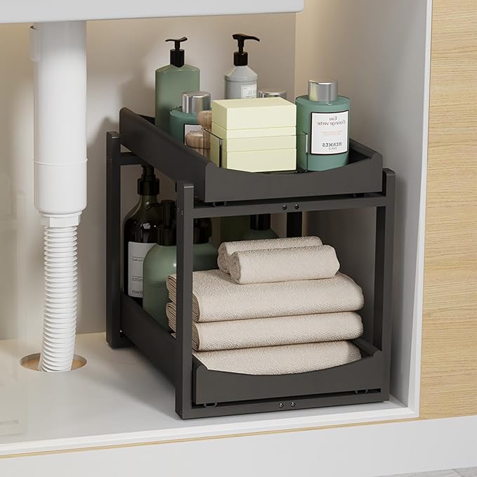 Wisuce Essentials Bamboo Under Sink Organizer Adjustable Height 2-Tier Bathroom Organizer Pull-Out Cabinet Storage Heavy Duty Wood Slide Out Shelf for Kitchen Bathroom (Black, 1 Pack)