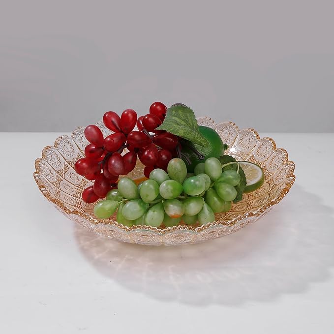 Unique Gold Flower-Shaped Crystal Glass Decorative Footed Bowl - 10.6 inch Diameter, Tabletop Fruit Plate, Dessert Plate, Cake Plate, Candy Tray, Wedding Home Decor.