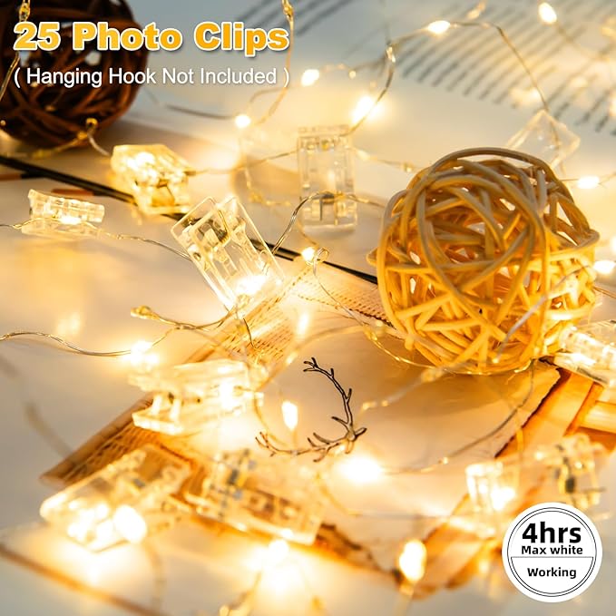 17FT 100LEDs Rechargeable Photo Clips String Light,Remote Control,3 Off Timer,Tangle-Free,Detachable Battery Operated Fairy Lights,Dorm Room Essential for Girl,Christmas(Cool+Warm White,1Pack)