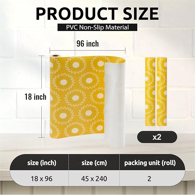 FIFTY FEET 18X96 Inch Shelf Liner for Kitchen Cabinets, PVC Drawer Liner for Dresser Non-Slip Bathroom, Non-Adhesive Cabinet Liner Washable (Yellow Circle)(2 Roll)