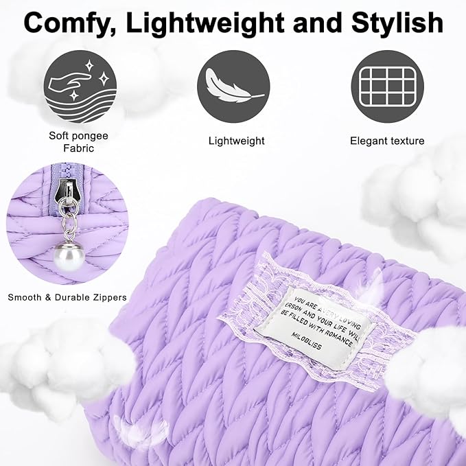DOB SECHS Small Puffer Makeup Bag Quilted Cosmetic Bag with Handle, Cute Makeup Pouch for Purse, Cotton Woven Puffy Toiletry Bag for Women Mini Quilt Travel Essentials Organized Zipper Pouches, Purple