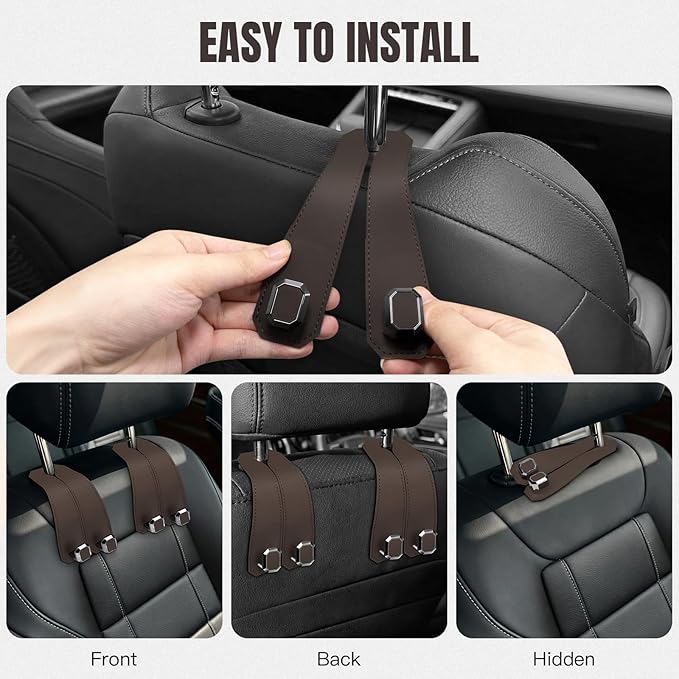 CAFORLANK 2PCS Car Hooks for Headrest, Faux Leather Purse Hook for Car Seat Back Organizers and Storage, Double Metal Purse Holder Bag Hanger, Universal Car Interior Accessories for Women Man