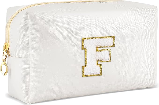Gifts for Girls Initial Makeup Bag Personalized Cosmetic Bag with Zipper Cute Travel Toiletry Bags Waterproof PU Preppy Makeup Pouch Birthday Gift for Teen Girls Women(White F)