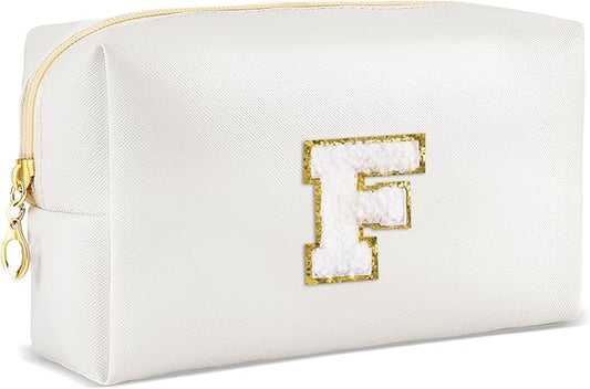 Gifts for Girls Initial Makeup Bag Personalized Cosmetic Bag with Zipper Cute Travel Toiletry Bags Waterproof PU Preppy Makeup Pouch Birthday Gift for Teen Girls Women(White F)