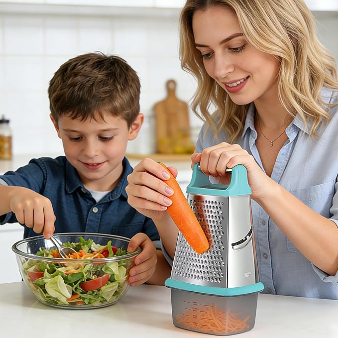 Ourokhome Cheese Grater with Handle, Stainless Steel Box Grater, 4 Side Kitchen Vegetable Shredder Slicer Zester with Container for Parmesan, Cabbage, Ginger, Lemon, Chocolate, Coconut (Teal black)