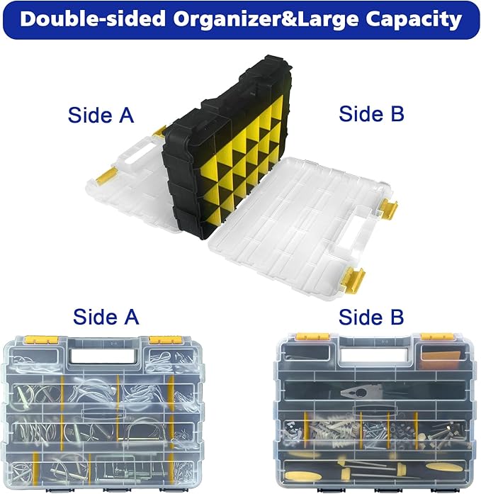 Double Side Tool Box Organizer, Hardware Storage Box, Portable Small Parts Organizer with Removable Plastic Dividers for Screws, Nuts, Nails, Bolts, Yellow