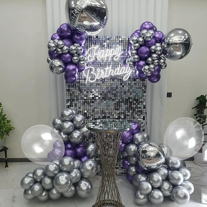 Metallic Purple Silver Balloon Garland Arch Kit,Chrome Purple and Silver Metallic Balloons with 18/12/5 Inch Different Sizes for Graduation Baby Shower Birthday Party Decorations