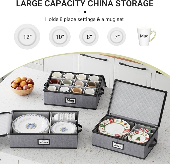 MISSLO Large Capacity China Storage Containers Hard Shell Plate Storage Containers, Kitchen Packing Moving Boxes for Dishes, Dinnerwares, Mugs Protectors, Grey, 3 Piece Set