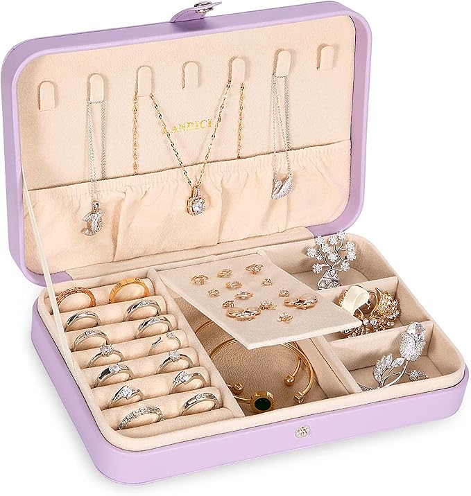 LANDICI Small Jewelry Box for Women Girls, PU Leather Travel Jewelry Case, Portable Jewelry Organizer Storage Holder Display for Ring Earrings Necklace Bracelet Bangle Men Kids Gift, Lavender
