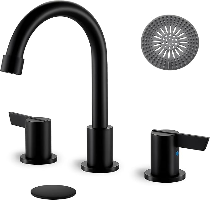 Cinwiny Bathroom Sink Faucet 3 Hole, 8 Inch Widespread Bathroom Sink Faucet with 2 Handles, Pop-up Drain & Hair Catcher Included for Vanity RV Farmhouse Sink, Matte Black