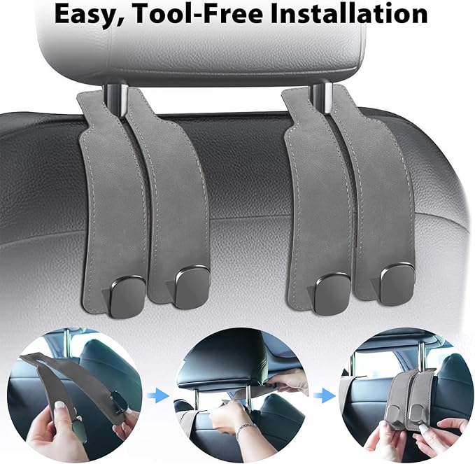 Travel Depot Car Seat Hooks 2 Pack, Leather Headrest Hooks for Car with Double-Hook Design, Durable Headrest Hook Bag Holder Purse Hanger, Organizer for Seat Back in SUV, Truck, Vehicle, Grey
