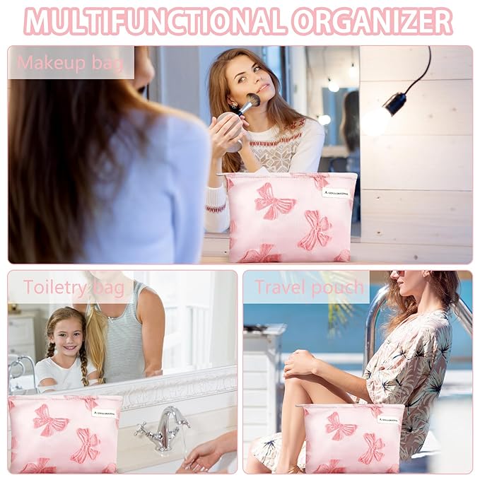 ZLFSRQ Bow Makeup Bag Travel Cute Bow Embossed Cosmetic Bag for Women Small Pink Bow Makeup Zipper Portable Storage Toiletry Pouch for Purse Aesthetic Christmas Essential Cosmetic Organizer