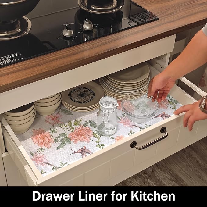 Bird Floral Shelf Liners Non Adhesive and Strong Non-Slip 12IN x 20FT Shelf and Drawer Liners for Kitchen Cabinet Wire Fridge, Waterproof Shelf Drawer Liner,Easy to Clean
