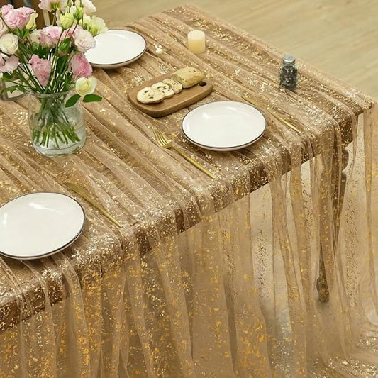 Horaldaily Coffee Gold Gauze Tablecloth 52x70 Inch Rectangular, Golden Sequin Glitter Metallic Foil, Sheer Tulle Cheesecloth for Wedding Baby Shower Ceremony Birthday