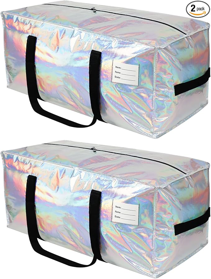 2 Pack Heavy Duty Moving Bags Extra Large Waterproof Foldable Clothing Storage Totes Bags with Zipper, Reinforced Handles, Packing Moving Boxes for Dorm & Seasonal Storage, Iridescent