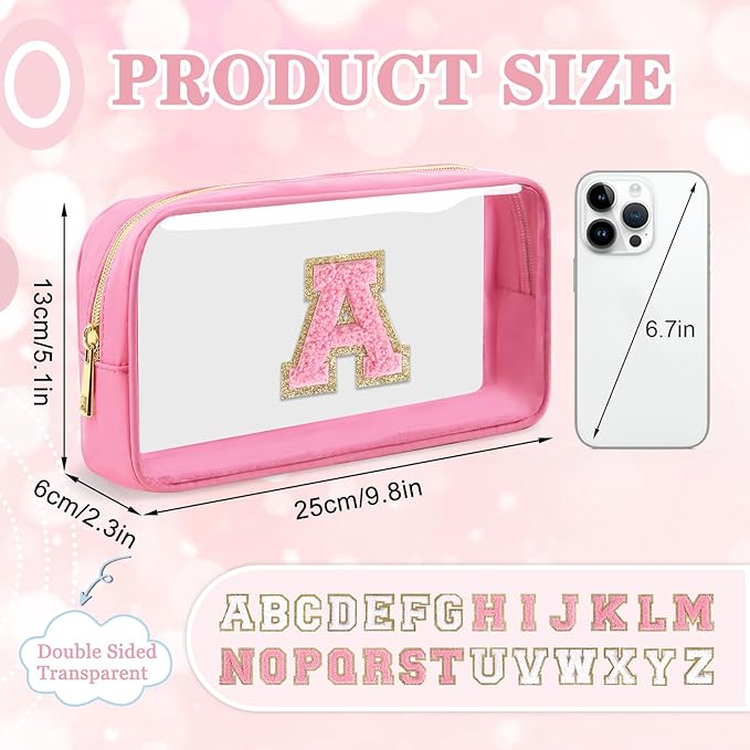 Small Clear Personalized Initial Makeup Bag,Nylon Preppy A-Z Chenille Letter Patch Cosmetic Pouch Beach Toiletry Bag,Waterproof Zipper Travel Purse Storage Bag Organizer for Women Girls(Pink-Pink A)