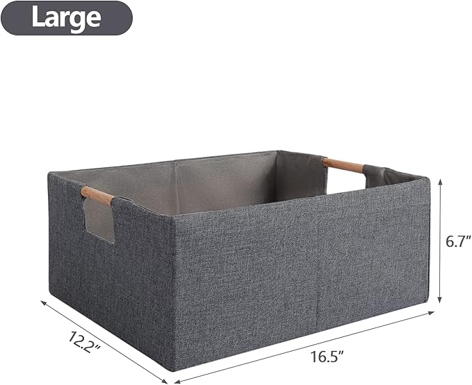 Fabric Storage Bin Box Foldable Cotton Linen Storage Basket with Wooden Handles Rectangular Cube Decorative Home Laundry Organizer Clothes Blanket Container – Gray, Large