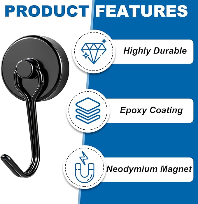 E BAVITE Magnetic Hooks, 80lbs+ Magnet Hook 2026 Cruise Cabin Ship Essentials Heavy Duty Strong Magnets Refrigerator Fridge Hanging for Classroom Beach Vacation Kitchen Grills Home 6pcs (Black)