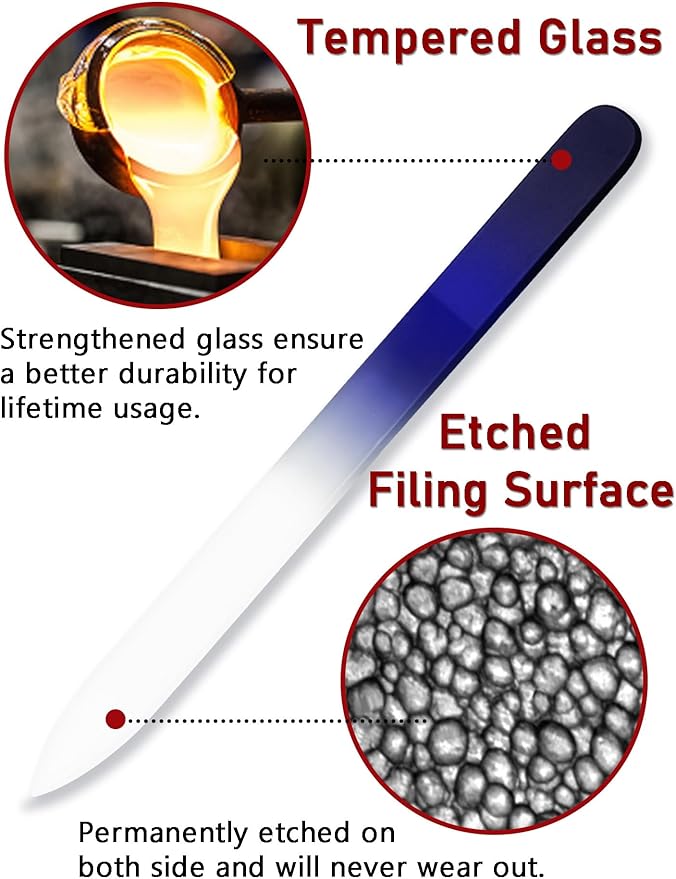 2-Pack Glass Nail File 2mm Thickness Crystal Files with Case Fingernail File for Nature Nails Double-Sided Etched Czech Glass Files for Travel Fine Grit Nail Filer Gifts Package Stocking Stuffers