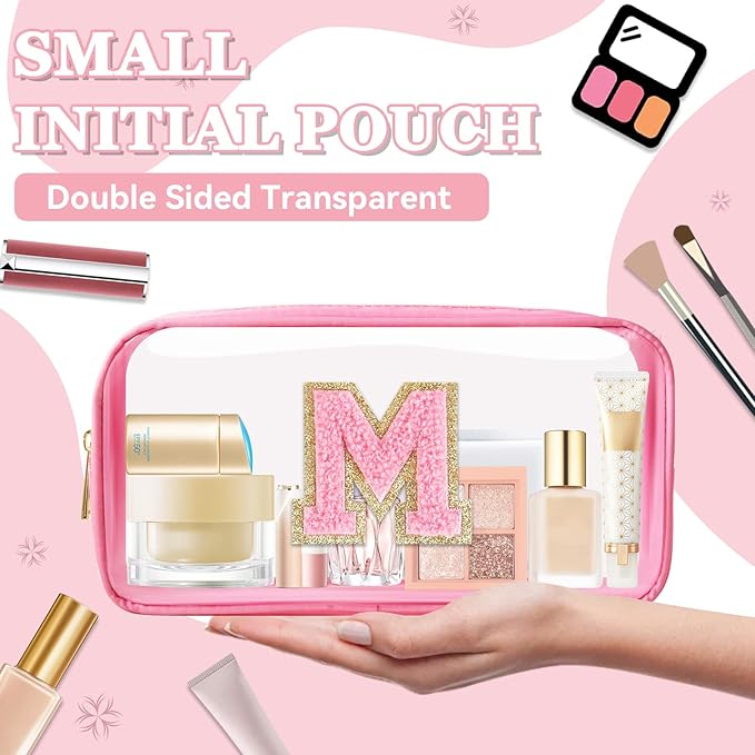 Small Clear Personalized Initial Makeup Bag,Nylon Preppy A-Z Chenille Letter Patch Cosmetic Pouch Beach Toiletry Bag,Waterproof Zipper Travel Purse Storage Bag Organizer for Women Girls(Pink-Pink M)