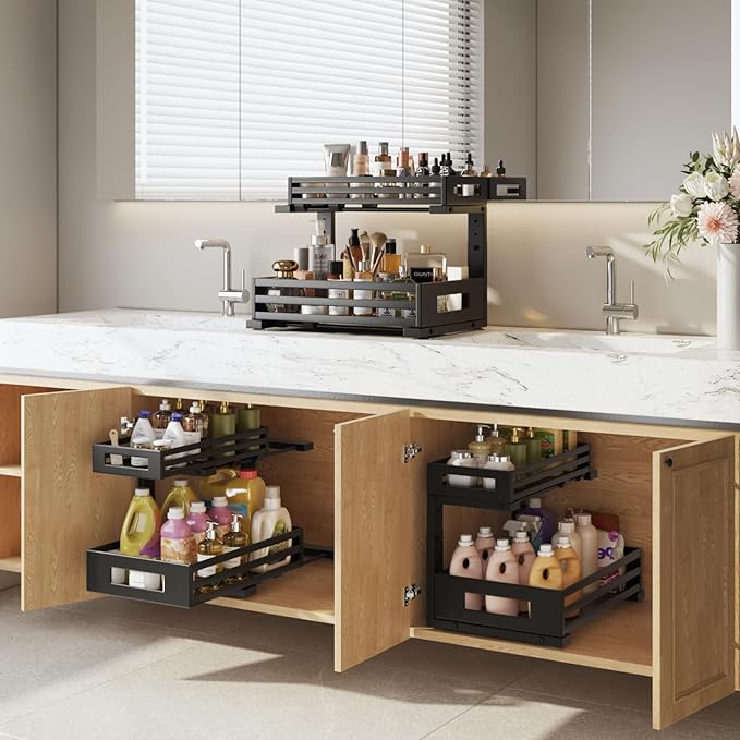 1-Pack Under Sink Organizers and Storage, 2-Tier L-Shape Pull Out Cabinet Organizer with Round Tube Slide Rails, Height Adjustable Slide Out Drawers for Kitchen & Bathroom, Multi-Purpose Storage Shelf - Black