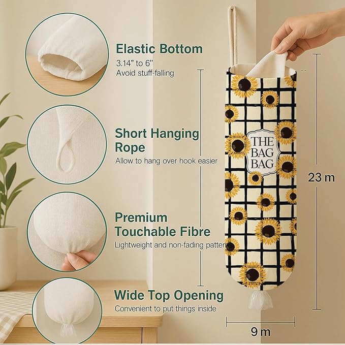 Sunflower Plastic Bags Holder, The Bag Bag Grocery Bags Holder for Kitchen Essentials, Reusable Hanging Grocery Sack Organizer, Floral Reusable Plastic Sack Storage Dispenser for Home Kitchen Decor