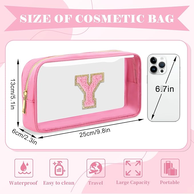 Personalized Initial Letter Clear Makeup Bag, Preppy Small Nylon&PVC Cosmetic Zipper Bag with Chenille Letter, Portable Beach Travel Skincare Toiletry Bag, Trendy Monogram Gift for Teen Girls Women, Y