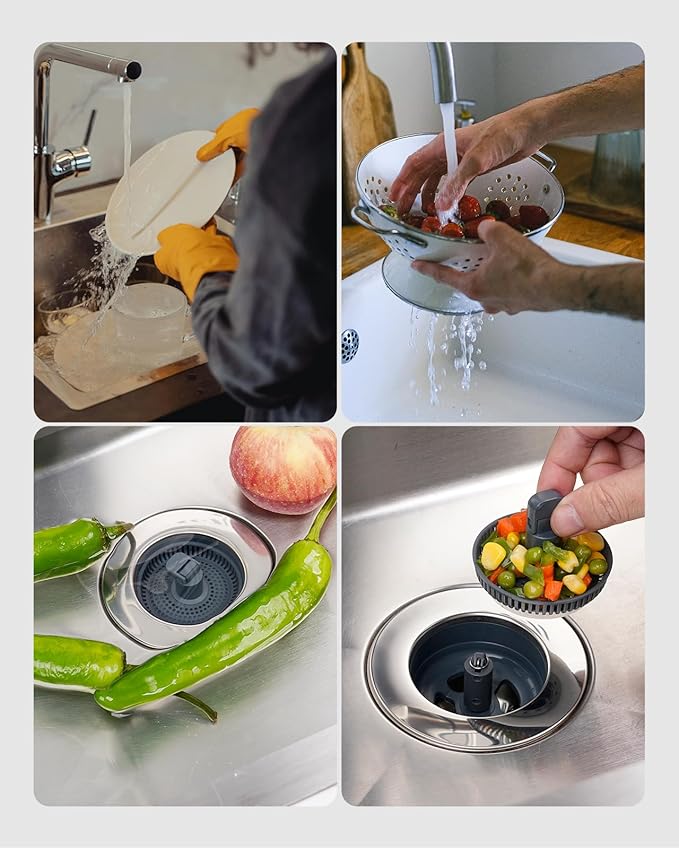 Hibbent 3-in-1 Kitchen Sink Drain Strainer and Stopper Combo, Chrome Stainless Steel Wrapped Shell, Anti-Clogging Basket Strainer with Foldable Handle for US Standard 3-1/2" Drain