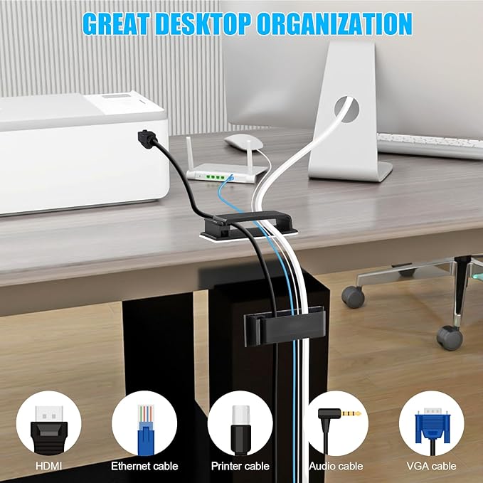 XHF 100 PCS Self Adhesive Cable Clips(L) Black,Wire Clips Cable Management Wire Organizer Cord Holder for Under Desk, Car, Wall, TV PC Ethernet Cable