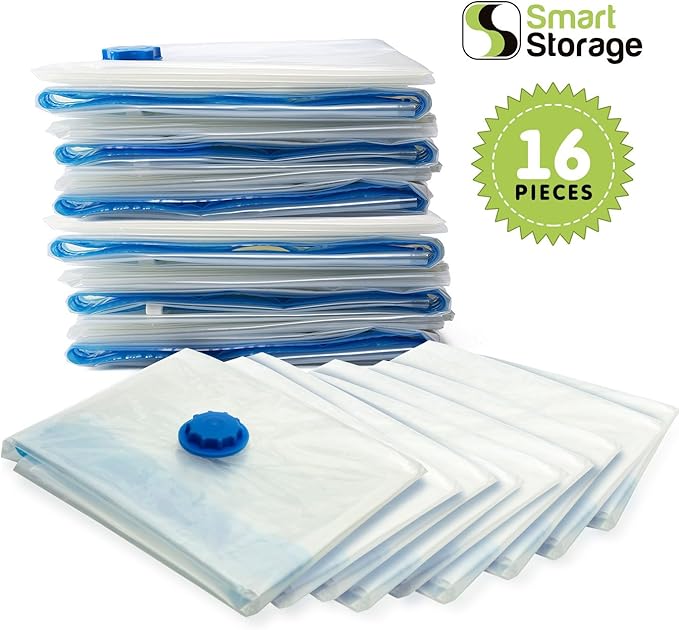 16 Pack Vacuum Storage Bags, Space Saver Bags (4 Jumbo/4 Large/4 Medium/4 Small) Vacuum Sealer Bags for Clothes Storage with Travel Hand Pump