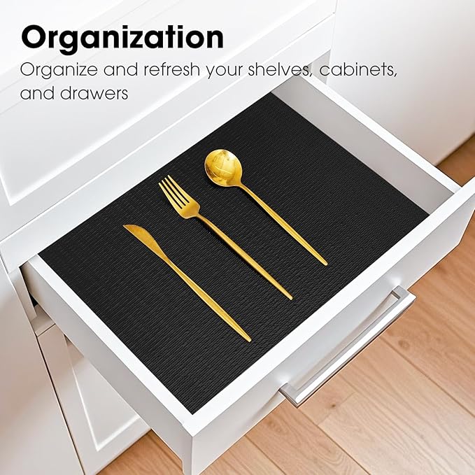 Drawer and Shelf Liner, Non-Slip Kitchen Cabinet Liners Non-Adhesive Thick Strong Grip Waterproof Washable Mats Protect Dresser Shelves Cupboard Bathroom Cabinets, Black, 12 in X 20 FT