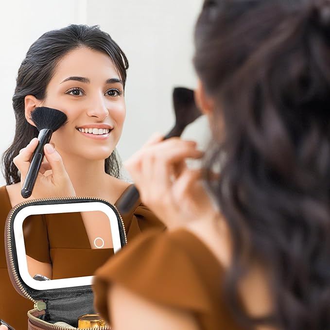 Small Makeup Bag with Led Mirror, Mini Travel Make up Bag 3 Light Modes Adjustable Brightness, for Women Organizer Cosmetic Bag, Portable Travel Train Toiletry Bag, for Pool Parties Work Touch-Ups