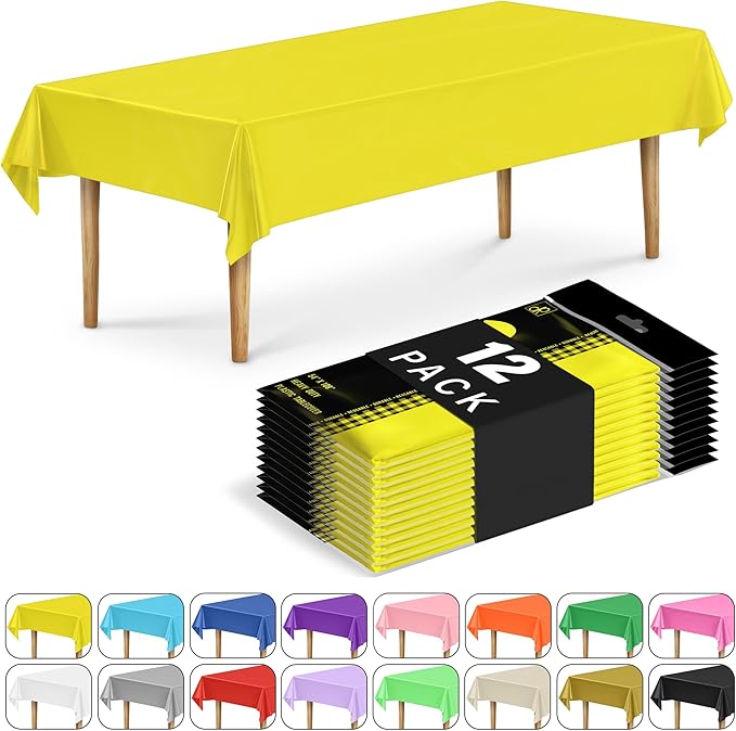 DecorRack 12 Rectangular Tablecloths BPA-Free Plastic, 54 x 108 inch, Dining Table Cloth, Rectangle Table Cover for Parties, Picnic, Camping and Outdoor, Disposable or Reusable, Yellow (12 Pack)