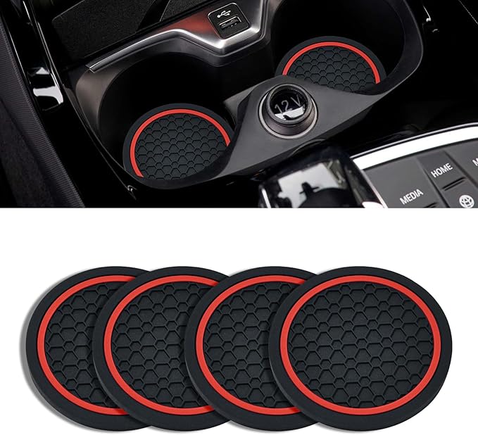 4PCS Car Cup Holder Coasters, 2.75 Inch Non-Slip Insert Cup Holder Pad, Dustproof Automotive Interior Accessories Mat, Universal for Trucks, Vehicles, RVs and More (Black/Red)
