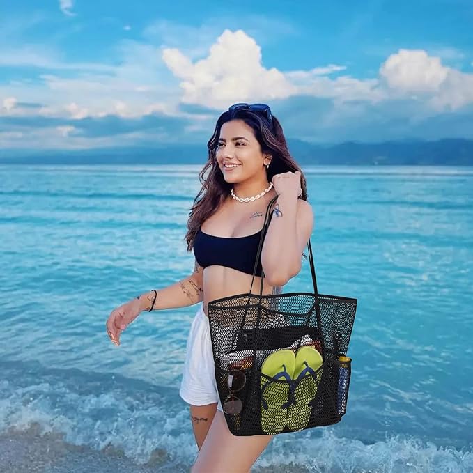 Tainehs Beach Mesh Tote Bag for Women, Large Travel & Pool Bag, Lightweight Vacation Cruise Tote (Inside Out – Flip to Use)