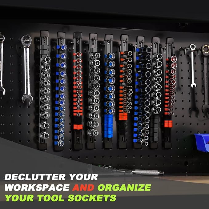 3-Piece Socket Organizer Rail Set, Heavy Duty Socket Holder for 1/4", 3/8", 1/2" Drive, 43 Clips Spring Loaded Ball Bearings for Metric & SAE Sockets, Portable Tool Tray for Toolbox Drawer