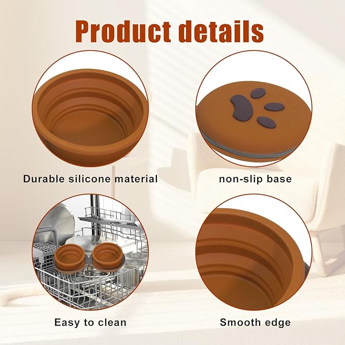 Collapsible Dog Bowls, 2-in-1 Silicone Pet Food and Water Bowl with Carabiner, Portable Double Compartment Dish for Travel, Camping, Hiking Puppy Essentials (Brown)