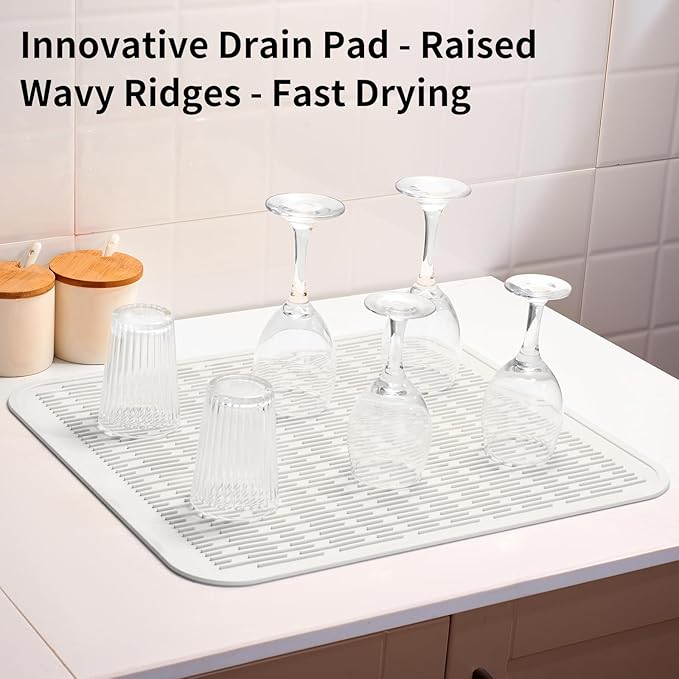 ZLR Silicone Dish Drying Mat for Kitchen Counter, Eco-Friendly Fast Dry Dish Mat, Easy Clean Multi Usage Drying Matt, Heat Resistant Trivet, 16" x 18" XL, Milk White