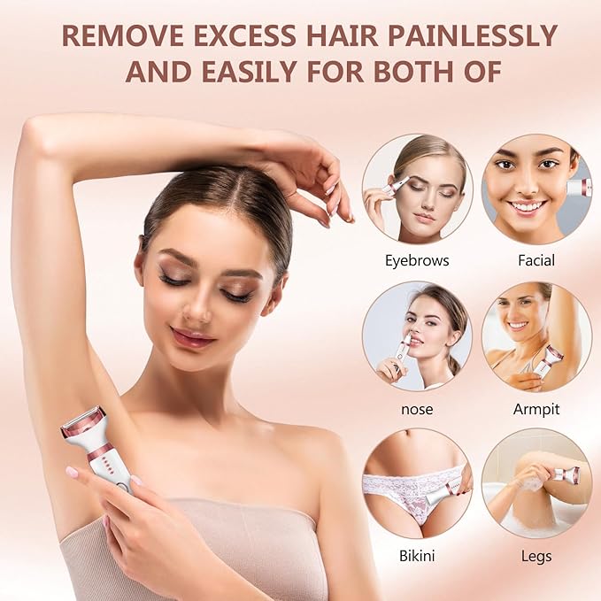 Women's Cordless Portable 5-in-1 Painless Shaver, Suitable for Body, Face, Nose Hair Trimmer, Bikini Area, Armpits, Pubic Hair, Underarms, Legs, and Eyebrows