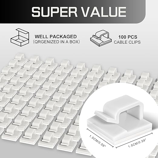 100PCS Cable Clips, Adhesive Wire Clips Strong Cord Clips Wire Holders, Cable Management Clips for Desk, Wall, Car, TV, Ethernet Cable (White, Small)