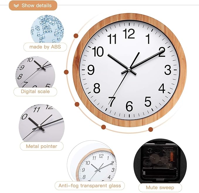 NUOVO 10 Inch Wooden Round Wall Clock Silent & Non-Ticking Retro Wall Clock Operated for Living Room Bedroom Kitchen (26 cm / 10")