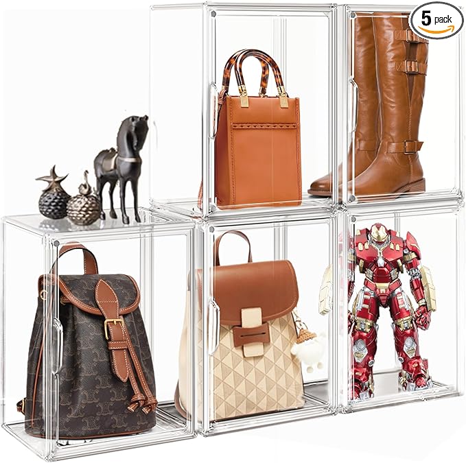 5 Pcs Super Large Acrylic Display Case Purse Handbag Storage Organizer for Closet Clear Stackable Bag Storage Boxes for Books, Boots, Collectibles, Cosmetic
