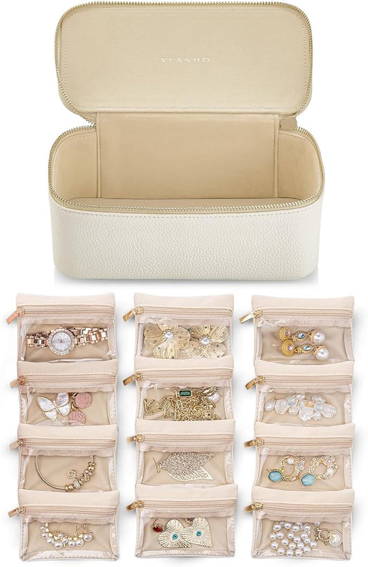 Vlando Jewelry Travel Case, Travel Jewelry Organizer with Clear Velvet Jewelry Bags Zipper Pouch for Women Girl Gift - 12Pcs White
