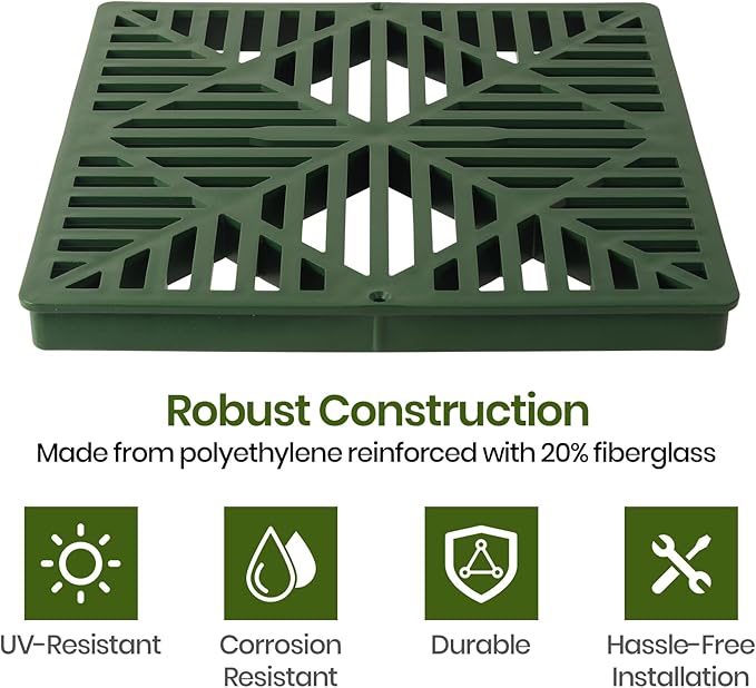 Calvana 2 Pack 12 Inch Catch Basin Drain Grate, Fiberglass Reinforced Polyethylene Square Drain Cover for Yard Patio Driveway Drainage, Green