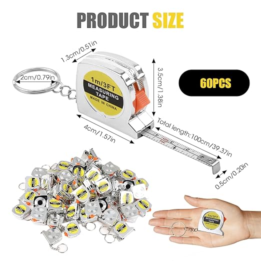 3ft Small Tape Measure Keychain, Portable and Retractable Mini Tape Measure with Slide Lock Mechanism for Daily Use Gadgets or Kids Construction Party Favors Gifting Prize Bag Fillers (60)