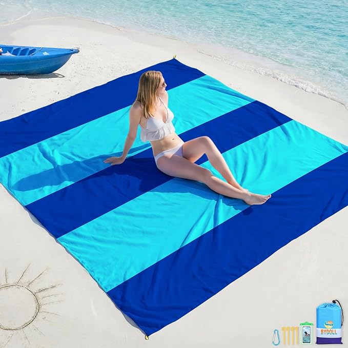 BYDOLL Beach Blanket Waterproof Sandproof Large Sand Free, 78''X110'' Oversized Sandless Lightweight Blanket Picnic Mat for Beach Travel Camping Hiking with Stakes
