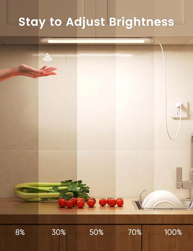 2 Pack Hand Wave Under Cabinet Lights, 16 Inch Plug in Dimmable Kitchen Counter Light Brightness Adjustable Over Sink Lighting, Super Bright LED Lights Motion Sensor Above Stove Lites Under Shelf Lamp