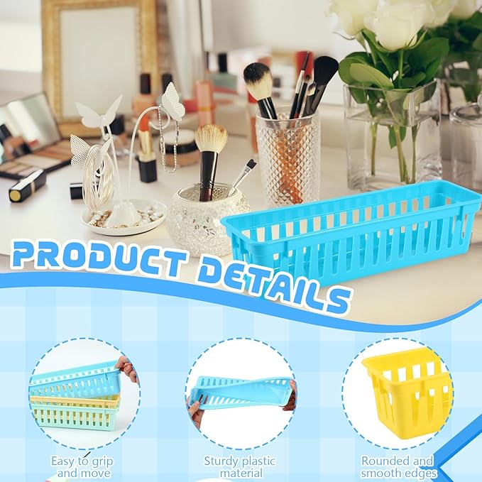 12 Pcs Colorful Slim Plastic Storage Baskets Tray 10 x 3 x 2.5 Inch Compact Stackable Desk Organizer for Office, Classroom, School Supplies, and Home Storage, Organization(Colorful)
